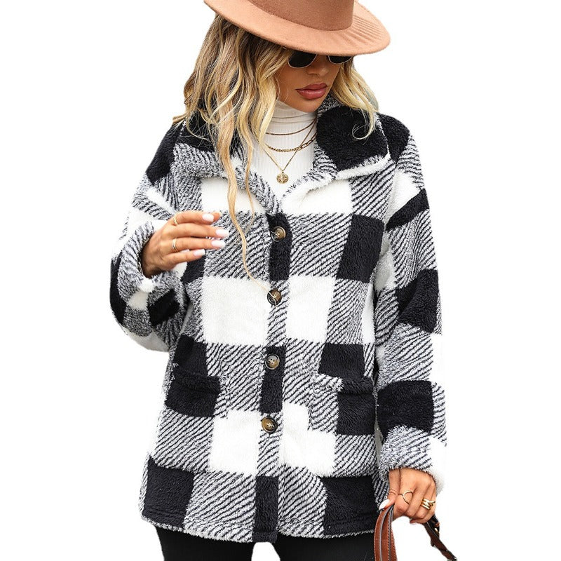 Wholesale Autumn and Winter Women's Long-sleeved Mid-length Plaid Single-breasted Double-sided Velvet Casual Jacket